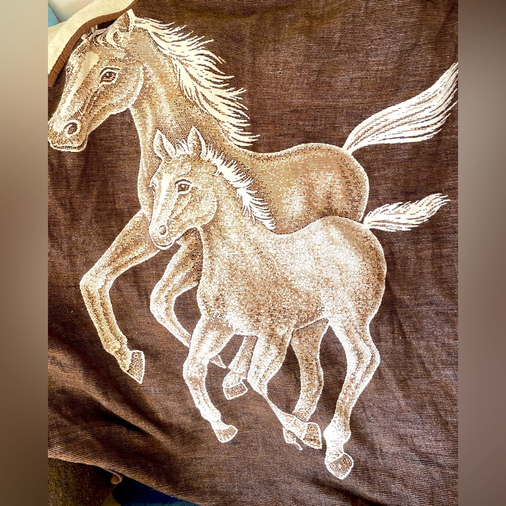 Biederlack | Vintage | Fleece Blanket | Big/Little Two Horses | Very Good Cond